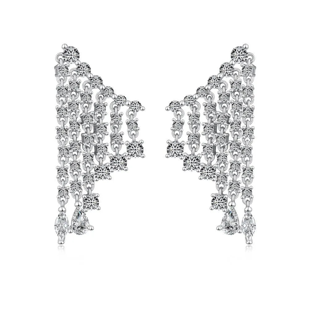 S925 sterling silver stud earrings with round zircon inlay geometric design on white background platinum finish