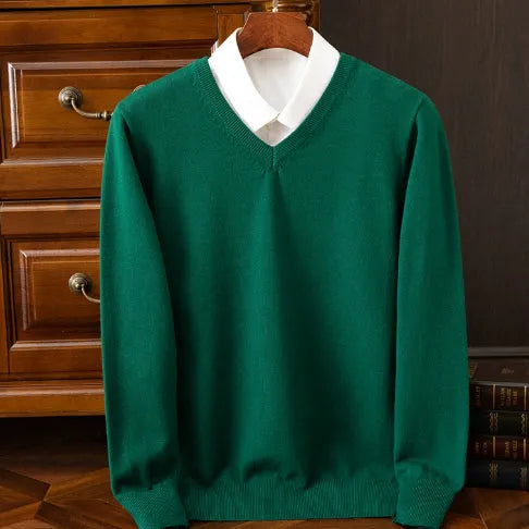 Men's knitted viscose-blend V-neck pullover sweater in light grey with ribbed hem