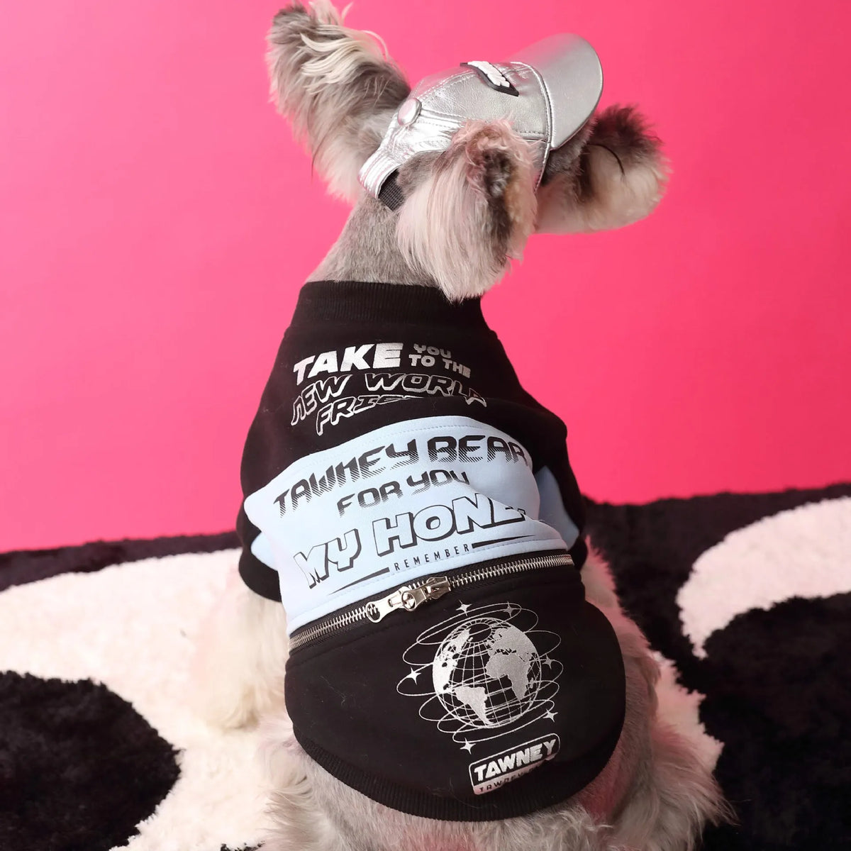 Cotton dog pullover sweater with zipper and stitching in pink or blue, sizes XS to XXL