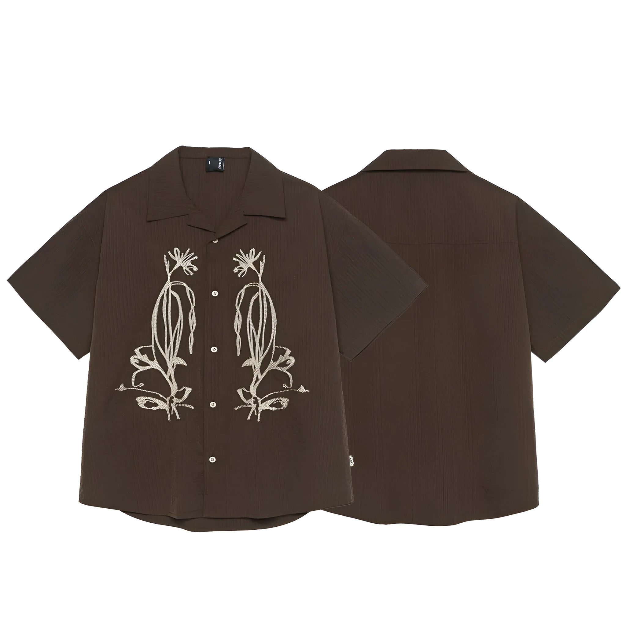 Brown striped men's short sleeve outdoor shirt with a Cuban collar on a hanger