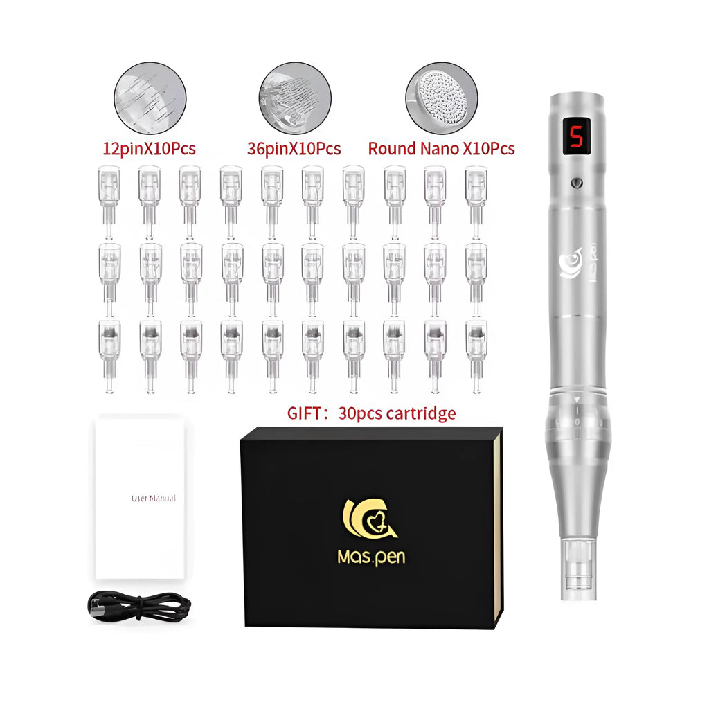Electric handheld spiral mouth microneedle device with 30 nano needle cartridges