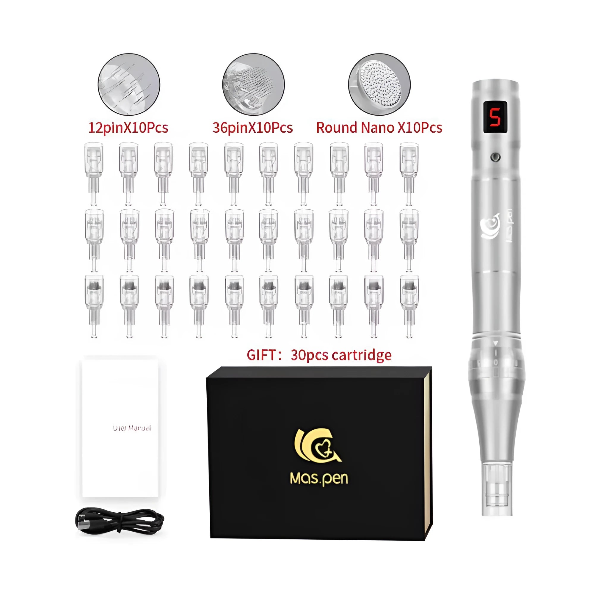 Electric handheld spiral mouth microneedle device with 30 nano needle cartridges