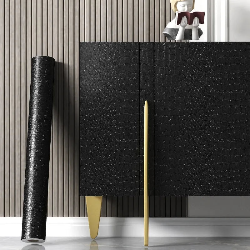 Self-adhesive black wallpaper roll, 40cm wide PVC, pure black wood grain, waterproof furniture renovation sticker
