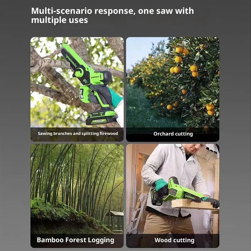 6-inch cordless electric chainsaw with 24V lithium battery, 400W motor, and two batteries