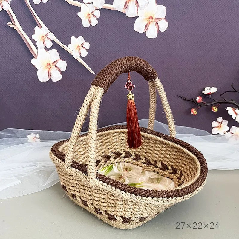Hand-woven hemp rope straw basket in coffee brown colour, 19cm diameter.