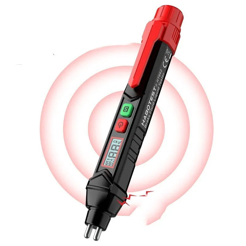 Digital brake fluid tester pen with LCD screen, included batteries and manual in a colour box.