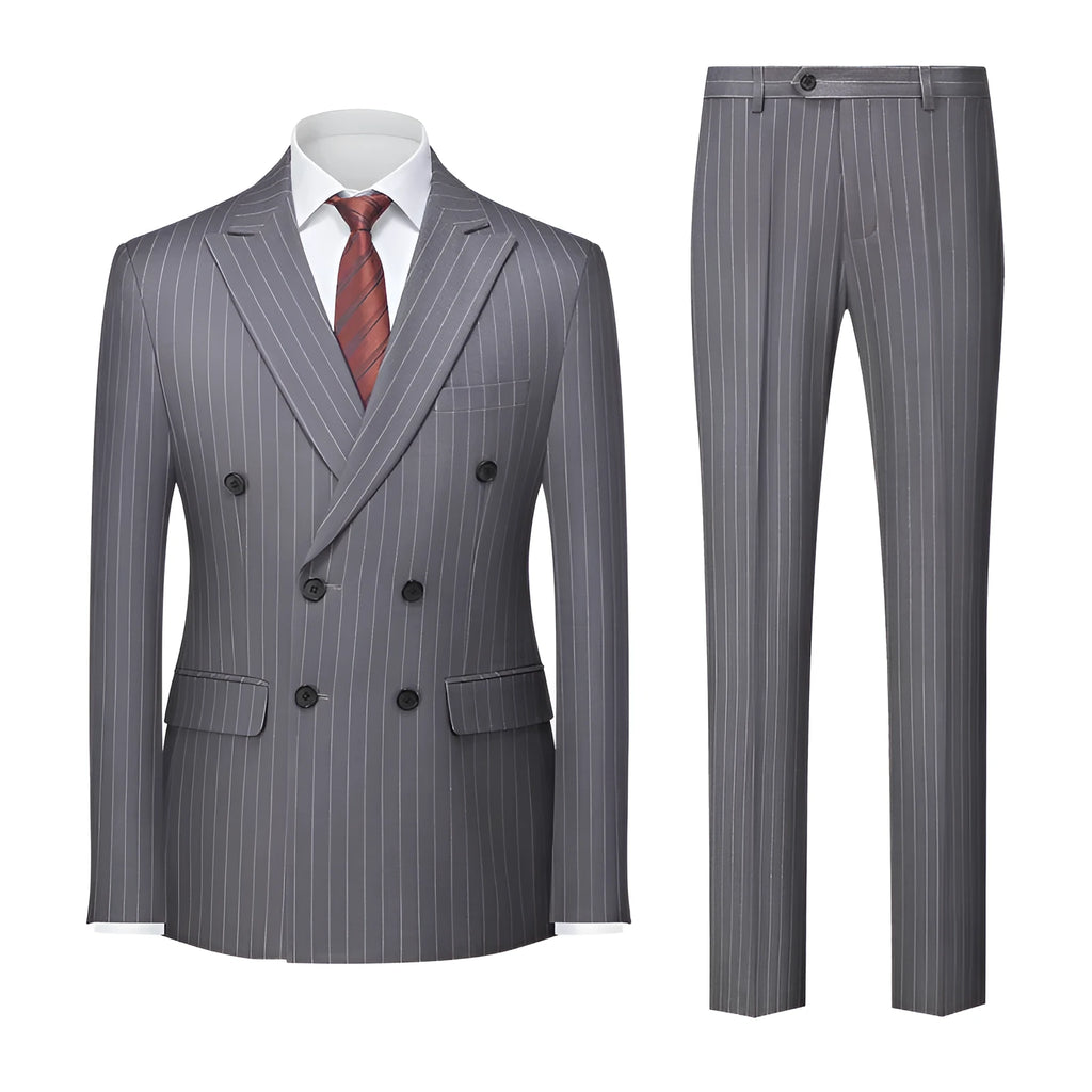 Men's slim fit double-breasted suit in a grey colour, showing the two-button front and matching trousers.