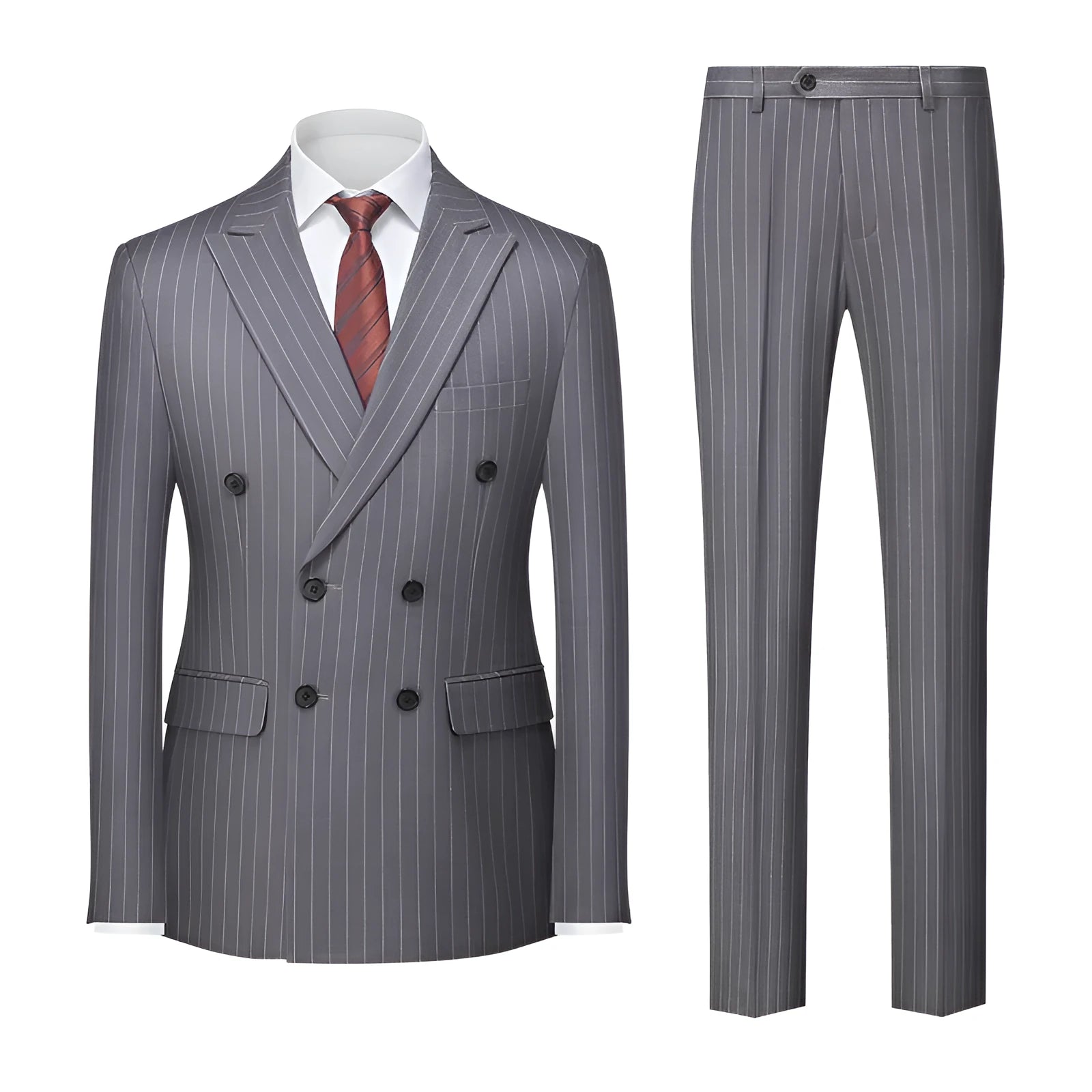 Men's slim fit double-breasted suit in a grey colour, showing the two-button front and matching trousers.