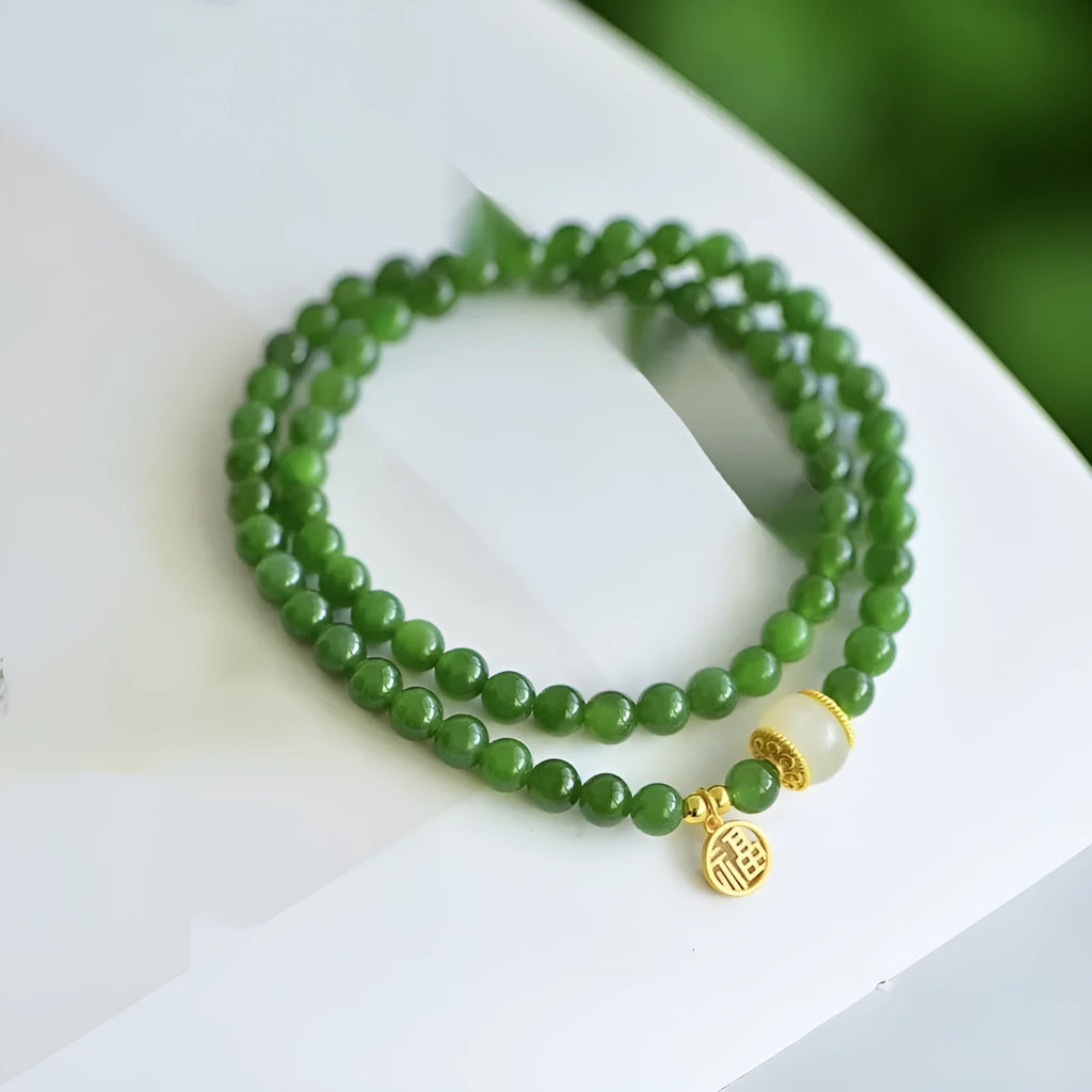 Women's double circle Hetian jade bracelet with geometric 6mm beads and fu character charm