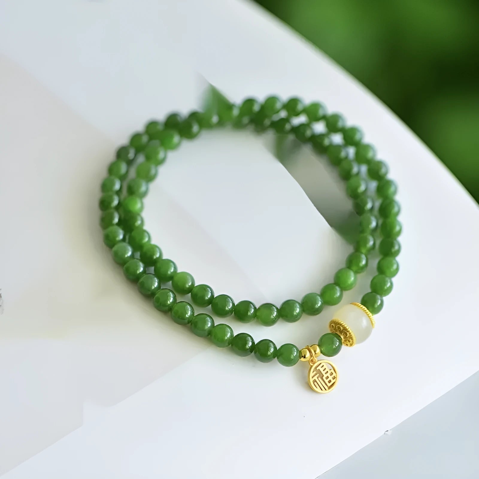 Women's double circle Hetian jade bracelet with geometric 6mm beads and fu character charm