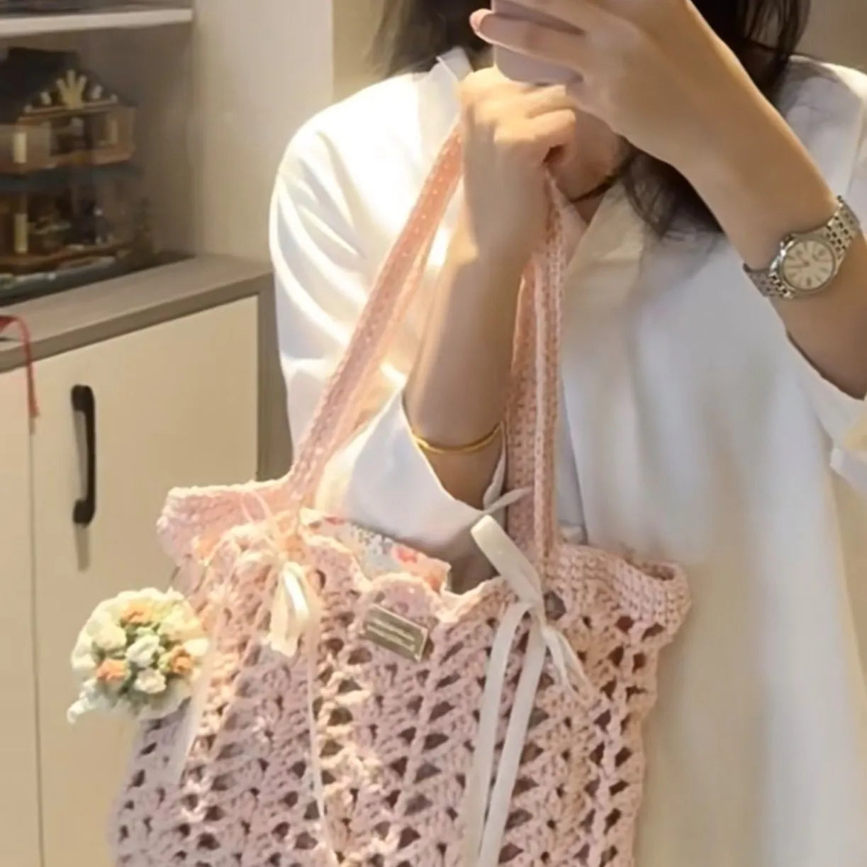 Handmade woven floral bag in wool, showing one of six available style patterns.