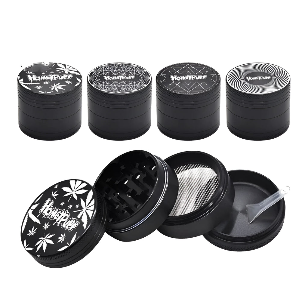 Four-layer aluminium alloy grinder in T12 black with windproof function and integrated tools including key chain and bottle opener