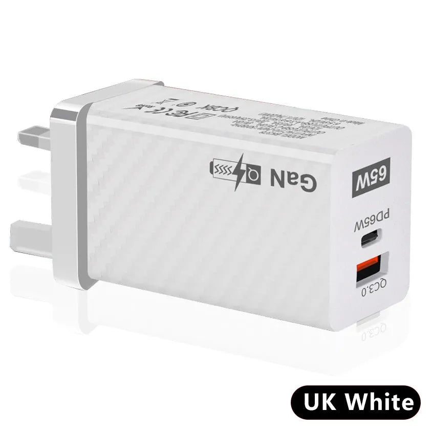 65W GaN universal laptop charger in white or black with compact dimensions and USB-C PD port