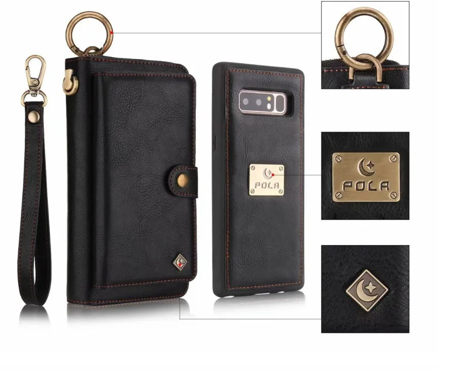 Black imitation leather zipper wallet phone case open to show card slots and phone space.