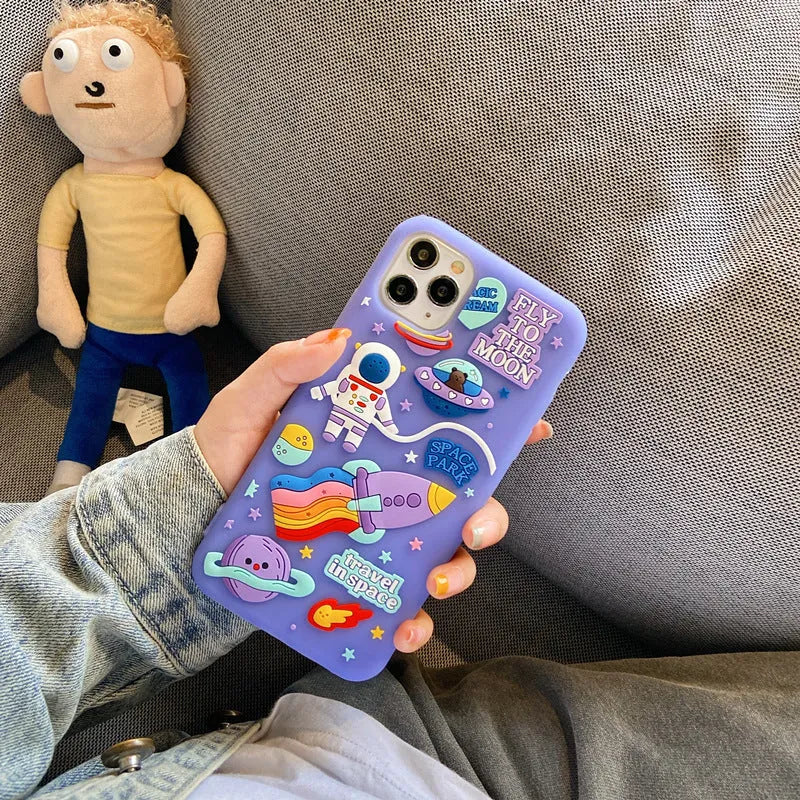 Purple silicone iPhone case with cartoon astronaut design for multiple iPhone models