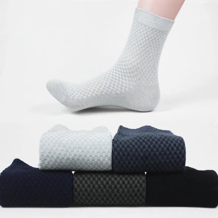 Men's bamboo fibre socks with small square pattern in five colour options.
