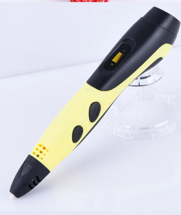 3D printing pen with plastic body, USB cable, and accessories including base and 12-colour filaments