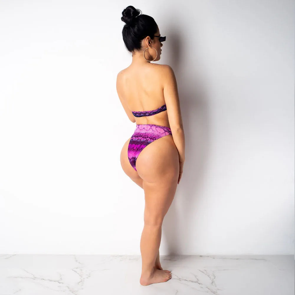 Women's snakeskin print bikini three-piece set with long sleeves in blue, green or purple