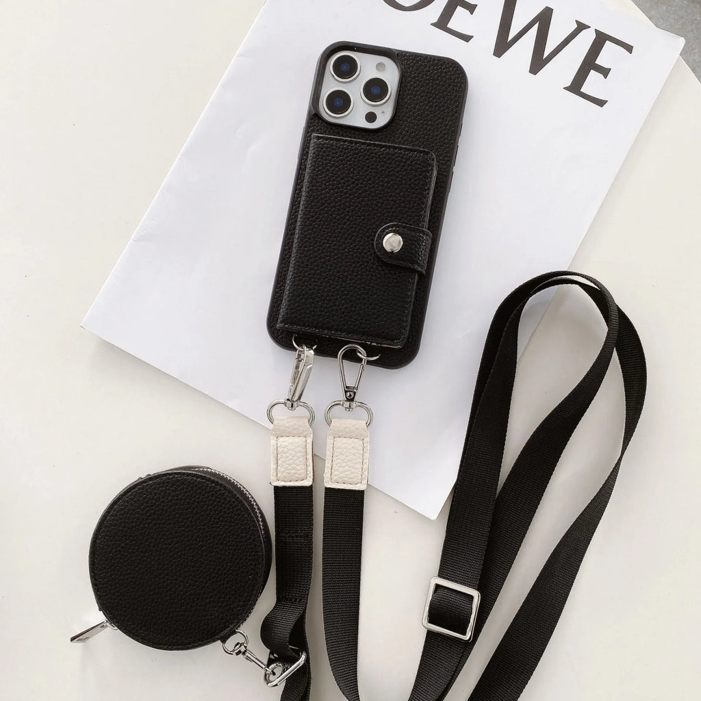 Black PC leather iPhone case with a detachable card holder and lanyard attached.