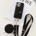 Black PC leather iPhone case with a detachable card holder and lanyard attached.