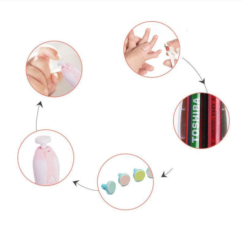 Blue anti-scratch multifunctional baby electric nail polisher with LED light and six grinding heads in a storage box