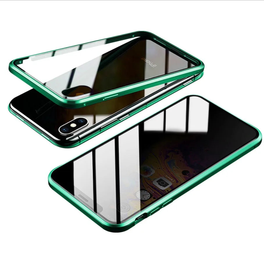 Glass clamshell anti-spy phone case with geometric design in multiple colours for iPhone models.