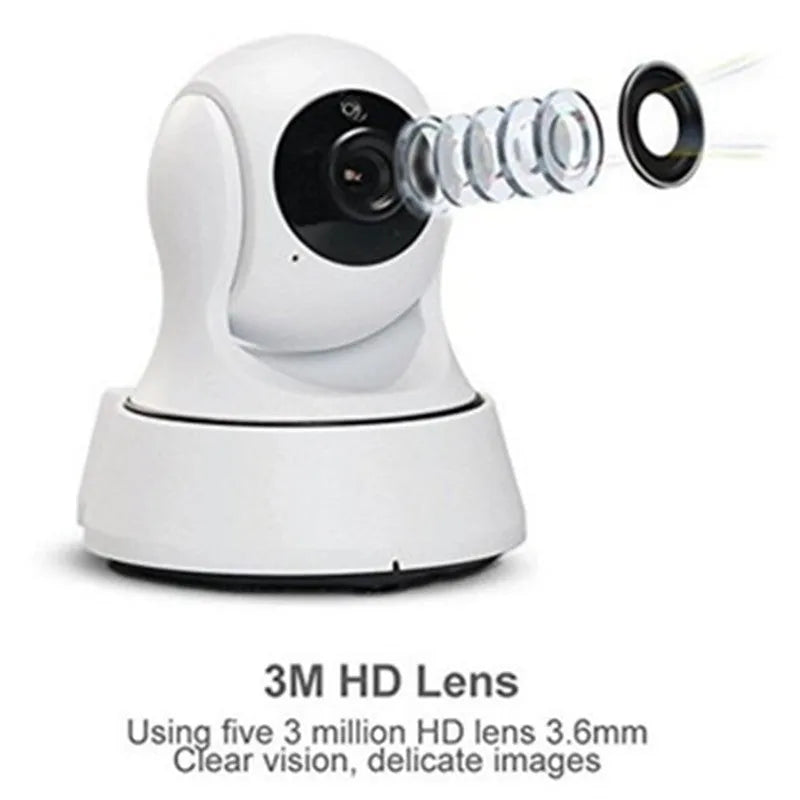 White 720P wireless network camera with pan/tilt, night vision, and built-in speaker for indoor security