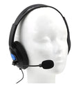 Black PS4 wired gaming headset with bilateral large ear cups showing 76 cm dimensions