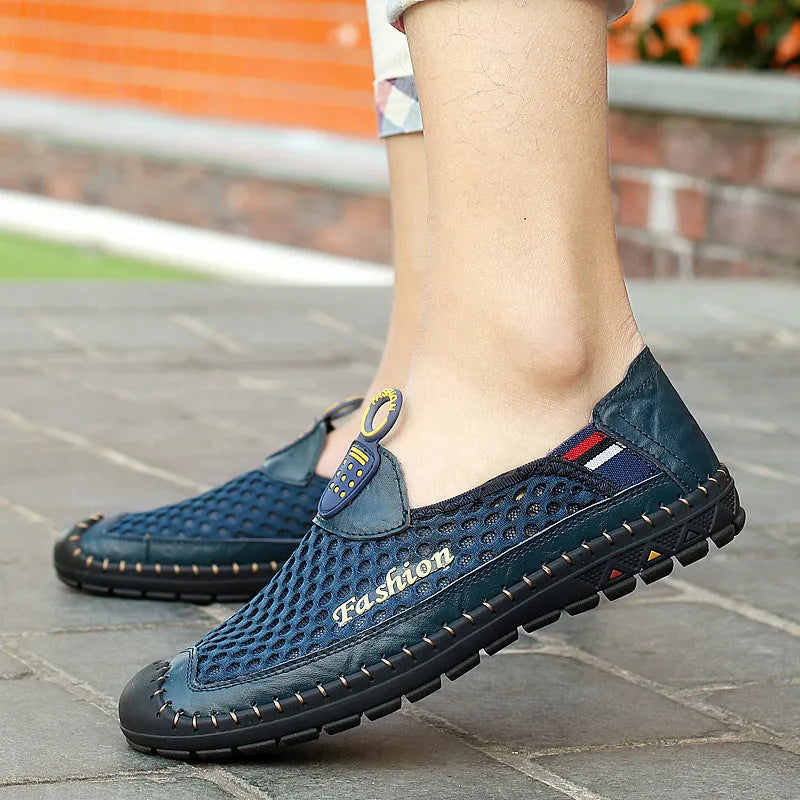 Men's brown casual mesh shoes with round toe and rubber sole on a white background.