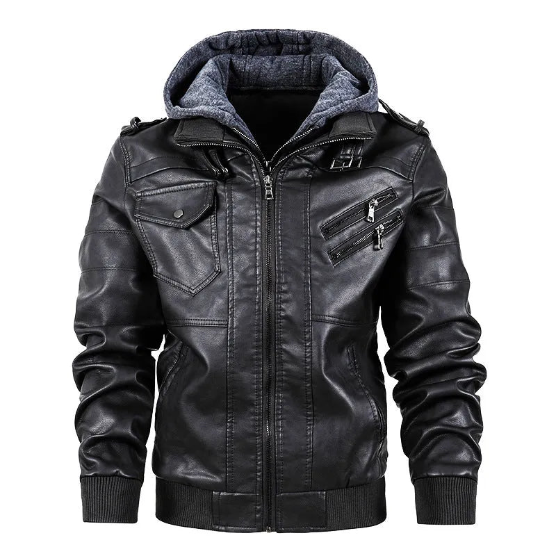 Men's black PU leather motorcycle jacket with stand collar, zip front, and hood, shown on a mannequin