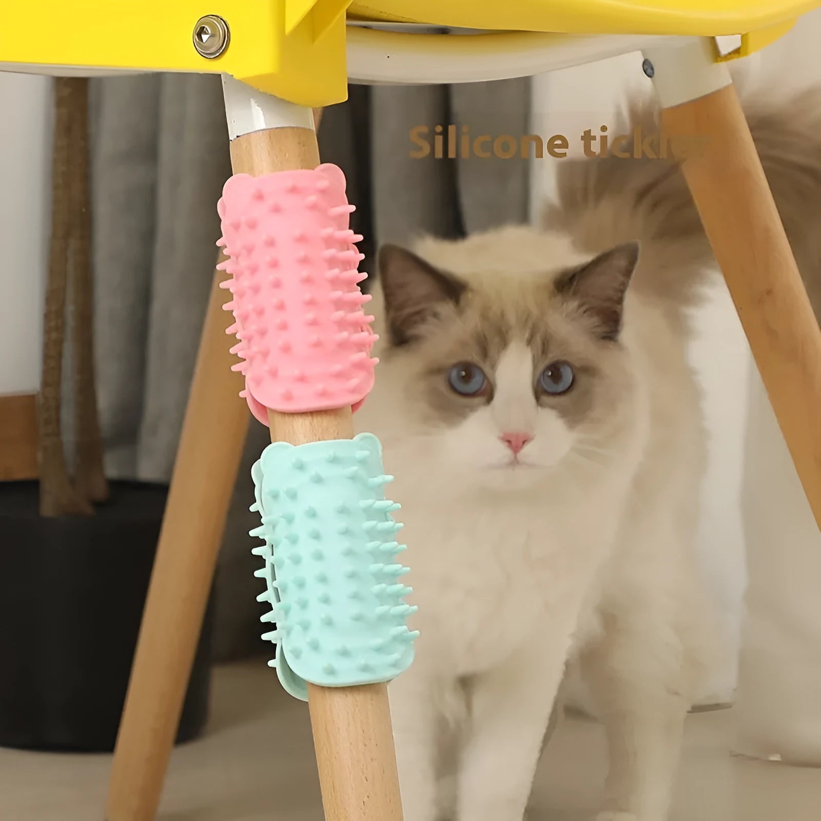 Silicone cat table leg petting post in New Cat Ear White colour on a wooden table leg
