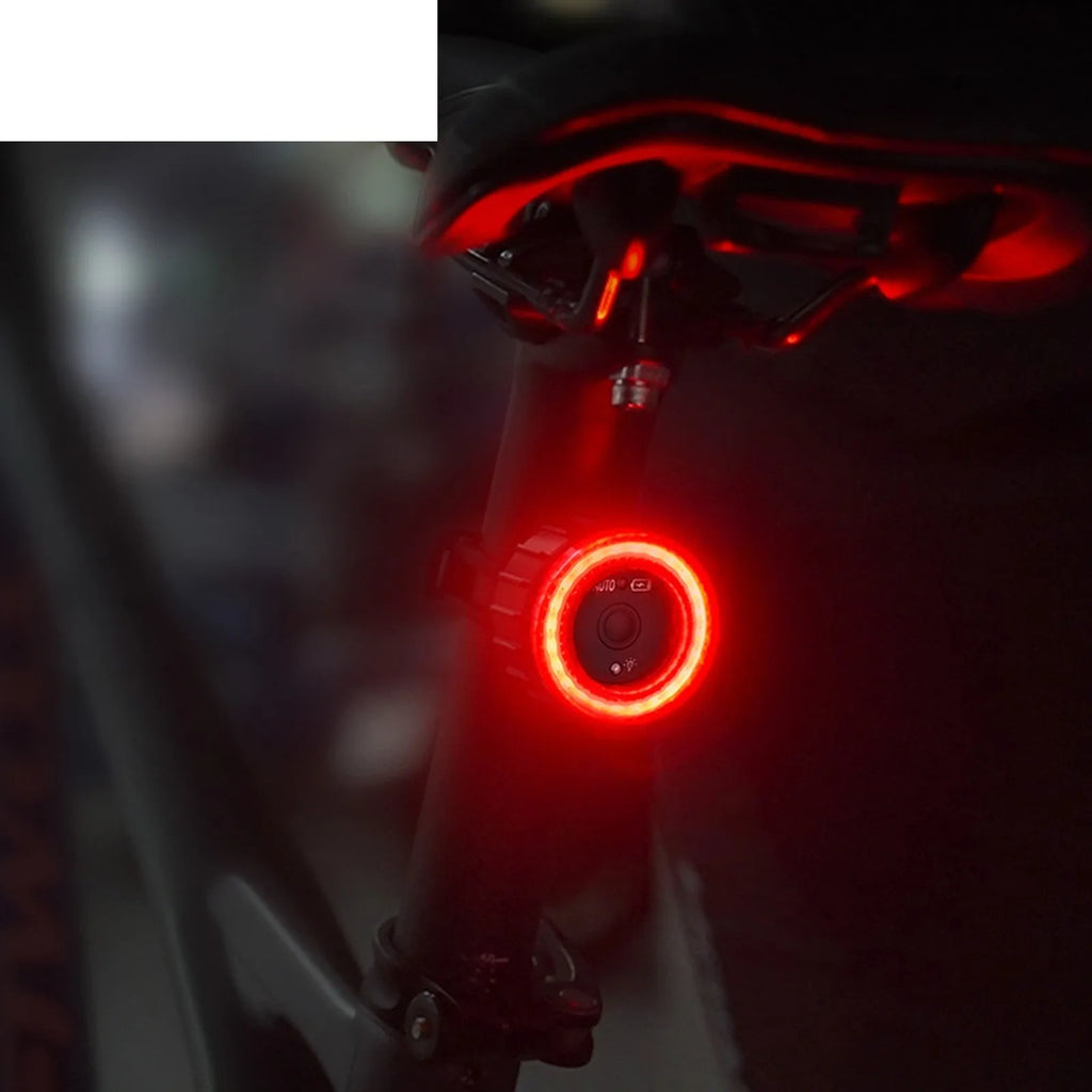 Black intelligent induction brake taillight for bicycles with aluminium alloy construction and two mounting brackets.