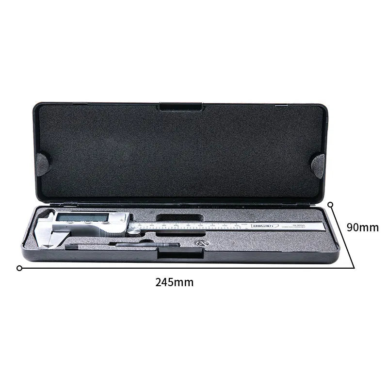 Deli stainless steel digital vernier caliper with 0.01mm resolution display