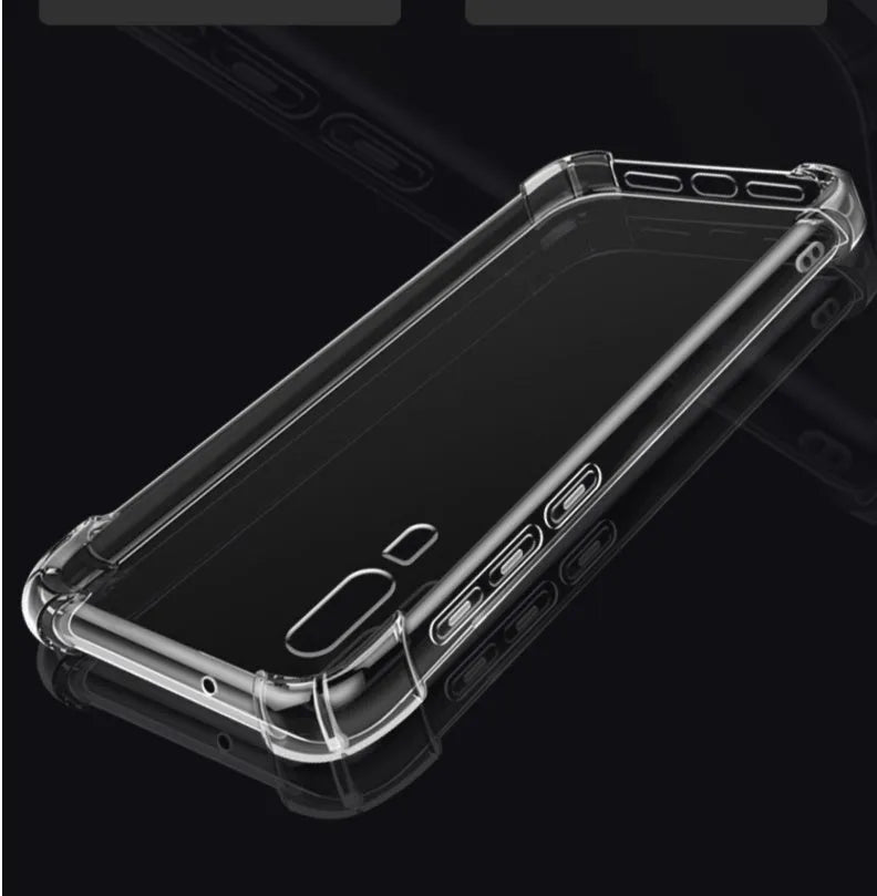 Transparent airbag drop-resistant phone case on Huawei smartphone showing clear protective coverage