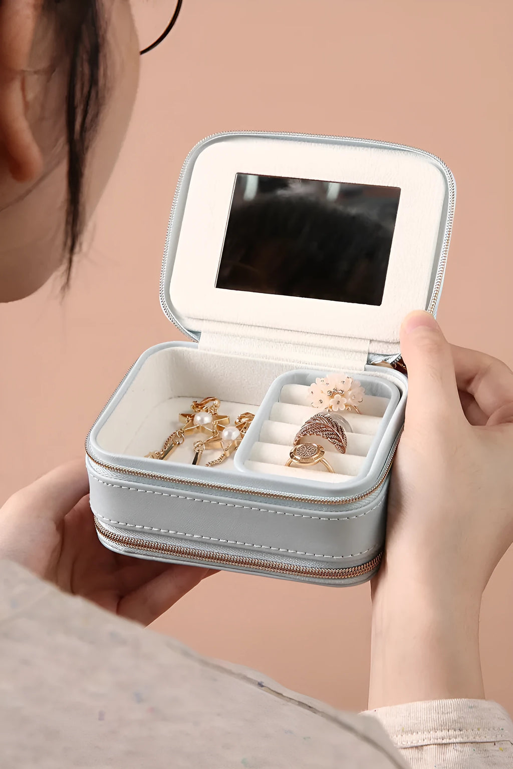 Portable travel jewelry box double-sided PU leather pearl velvet blue pink