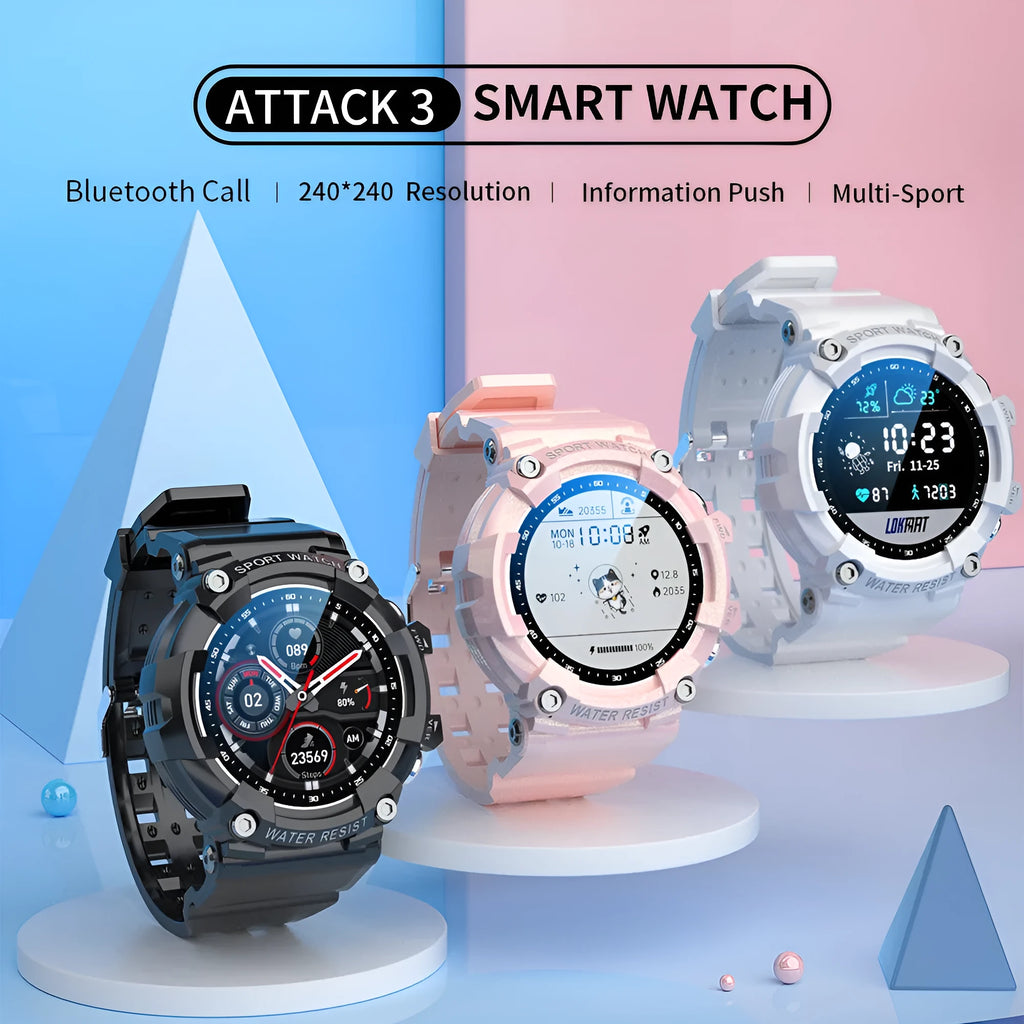 IP67 waterproof Bluetooth sports watch with round colour touchscreen on wrist showing health metrics