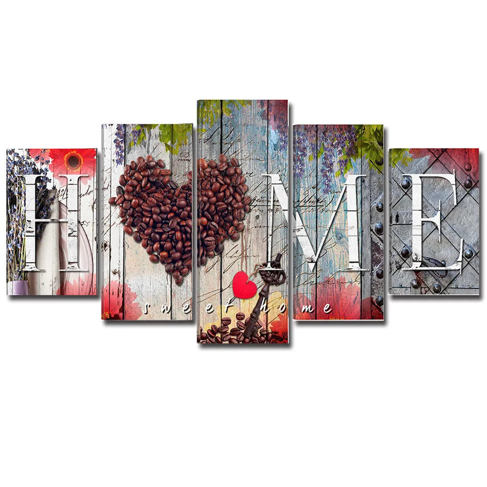 Set of five red unframed oil painting canvas panels in varying heights for wall display