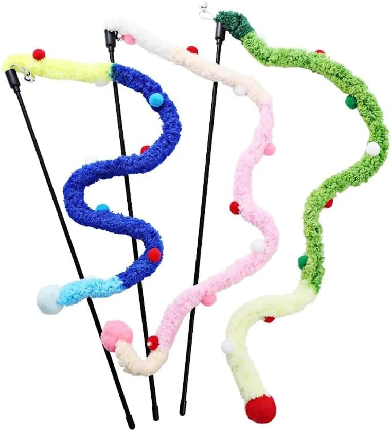 Blue interactive cat teaser wand with long plush strip, fluffy ball, and bell on a 41cm pole.
