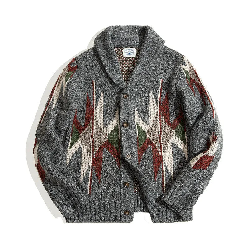 Men's dark grey lapel cardigan jacket, thick knit polyester blend, long sleeve, casual fit, sizes S-2XL