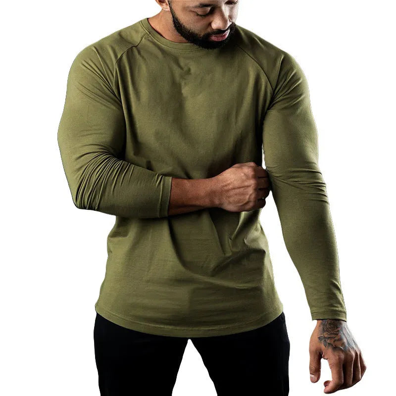 Men's long sleeve cotton sports T-shirt in Army Green with round neck and quick-drying properties