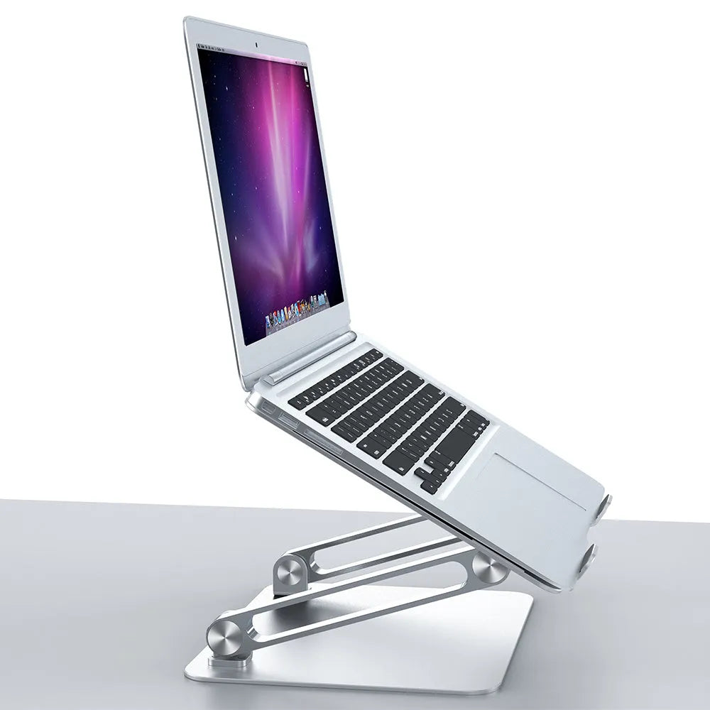 Folding aluminium alloy lifting laptop stand in black on a wooden desk showing adjustable height