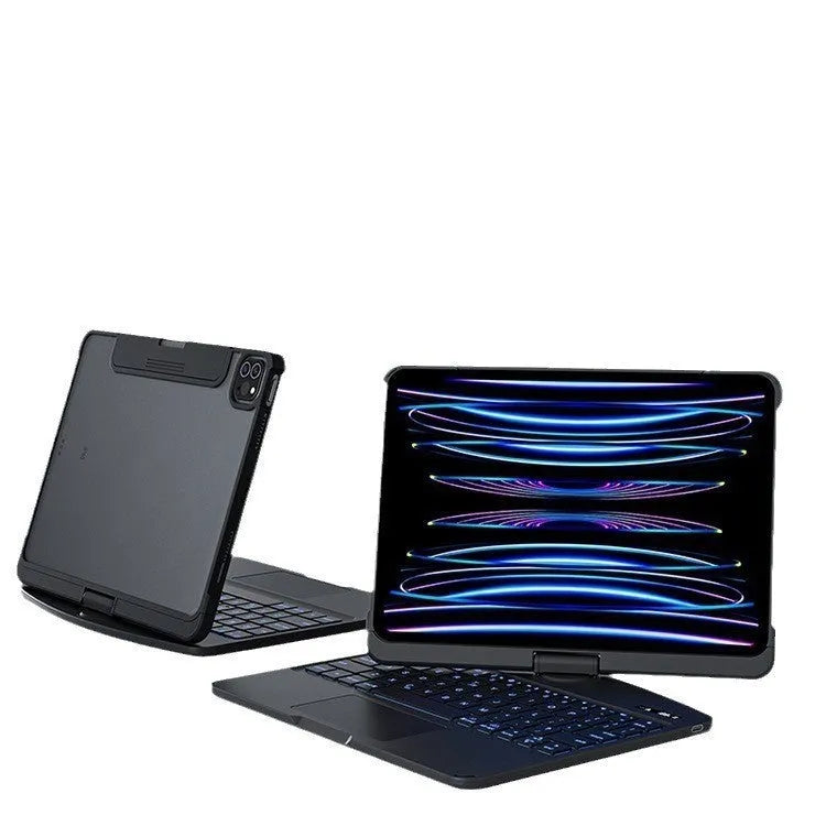 Transparent protective case wireless keyboard for iPad Pro and iPad Air showing Bluetooth connectivity and colour options
