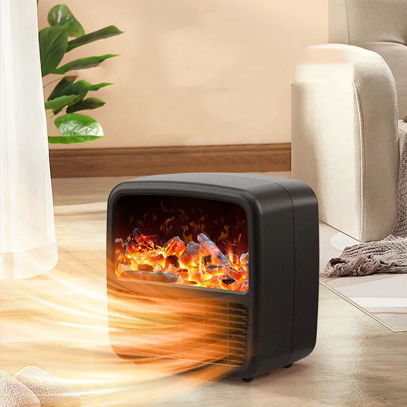 Black or white desktop electric space heater, 220x220x150mm, with ceramic heating, 1000-1500W power, and LED flame effect.