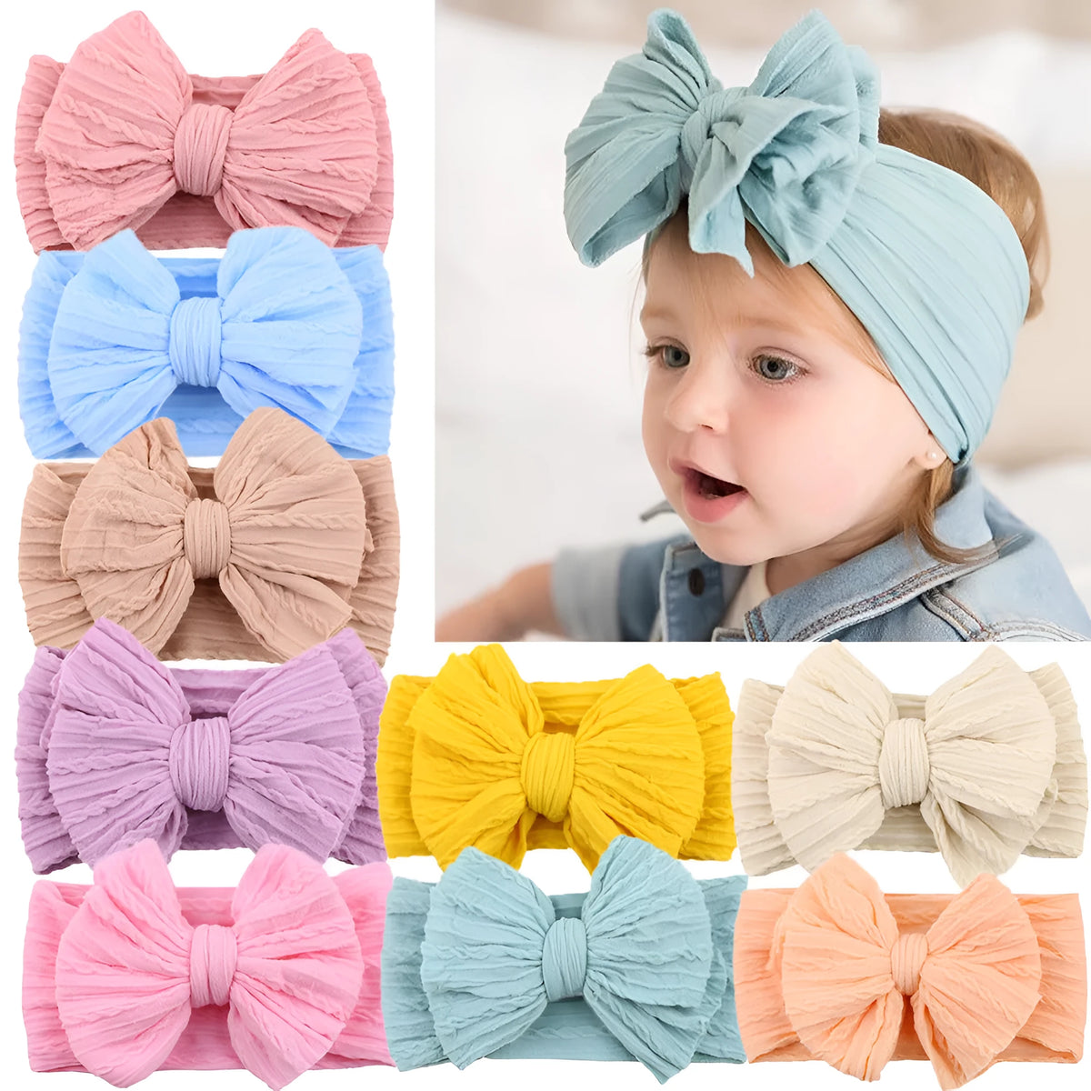 Soft stretchy nylon handmade baby headband with bow for newborn and toddler girls