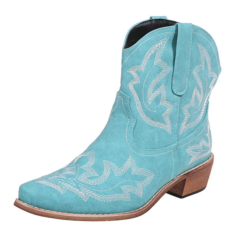 Women's embroidered cowboy boots with wedge heel in blue, brown and wine red colours