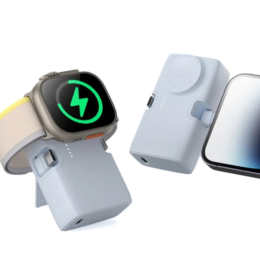 White wireless pocket power bank showing front display and compact 10.5cm size