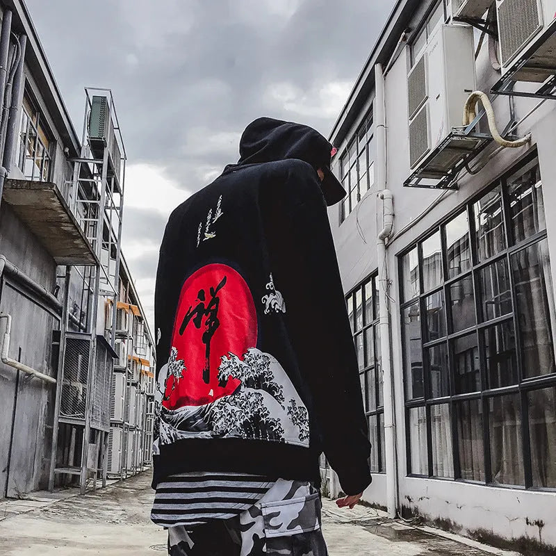 Men hooded sweatshirt loose fit digital print polyester black white casual sports top