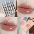 Mirror Water Light lip gloss bullet in six ice shades including almond, silver, pear, raspberry, peach gum, and pomegranate.