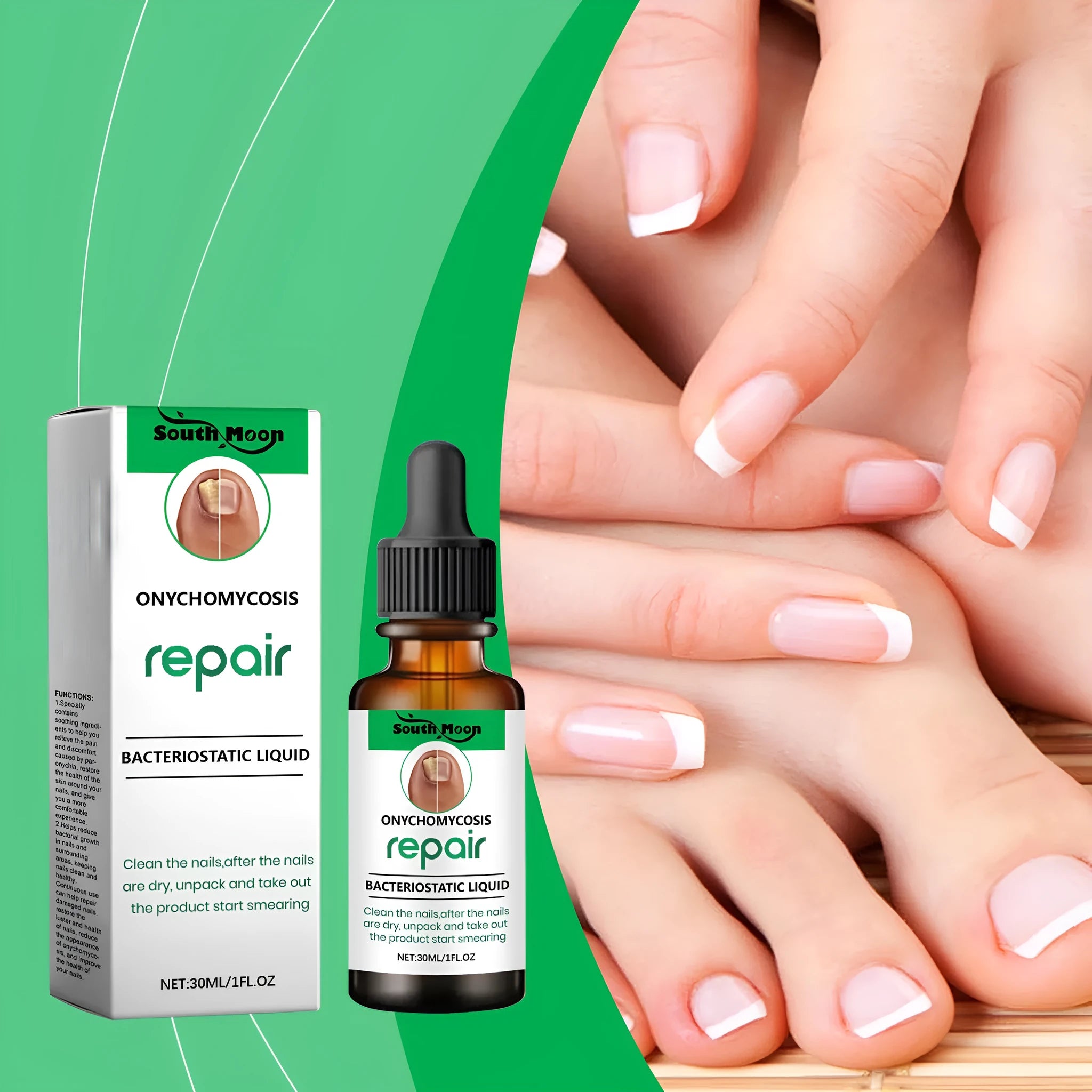 30ml bottle of clear nail care nursing solution with applicator for gentle daily nail cleaning