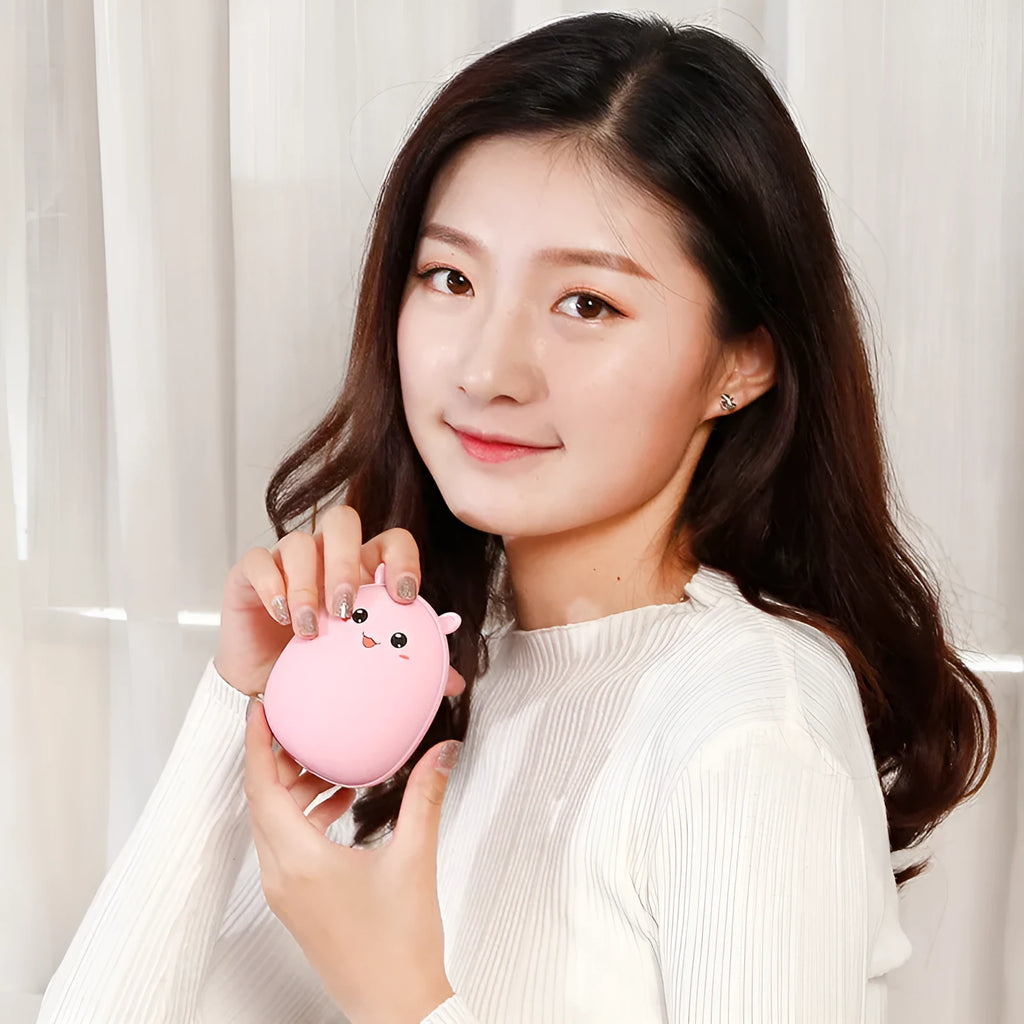 Multifunctional hand warmer power bank in brown and pink, compact size 10.5x8x5cm, with 2600mAh battery
